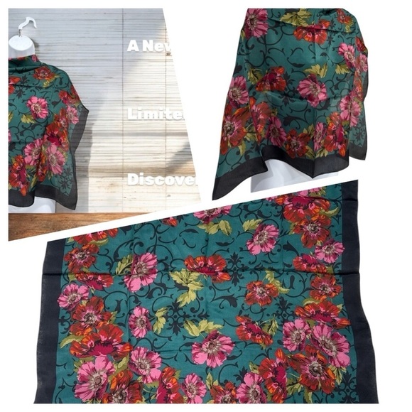 Echo Green Silk Scarf Floral Print 1990s silk 100% made in Japan - Picture 1 of 10